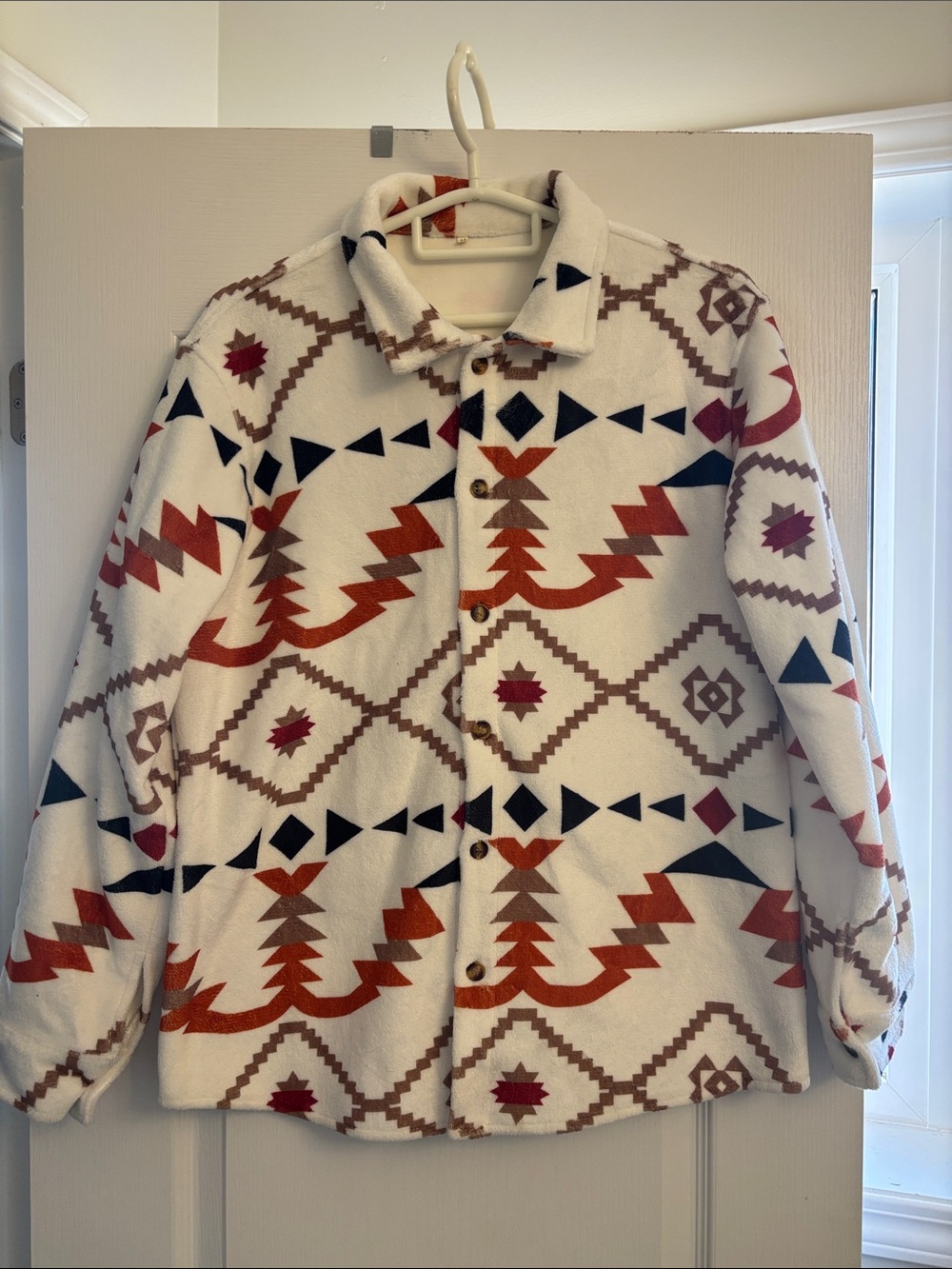Women's Cream Aztec Fleece Jacket - Patterned Button-Front Coat